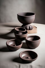 Set of craft handmade unglazed dark clay pottery bowls with spout on table with dark background - generative ai