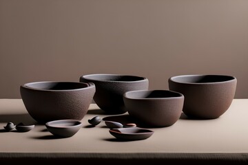 Set of craft handmade unglazed dark clay pottery bowls with spout on table with dark background - generative ai