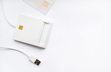 ID card reader digital technology isolated on white background. Flat lay, top view