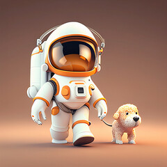 Cute Astronaut Walking With Dog. Generative Ai