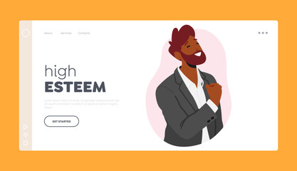 High Esteem Landing Page Template. True Representation Of Confidence With Male Character Exuding Self-assurance