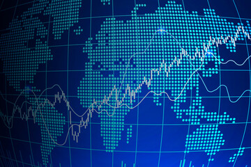 Candlestick chart, line graph and bar chart. World stock market index graph