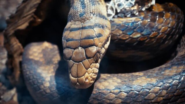 Closeup crawling python skin texture. The pattern on the skin shimmers beautifully rainbow when it crawls. Moulting snake. Waiting for the victim, frighteningly shows his tongue and prepares to write.