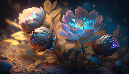 Yndall light effects accentuate beautiful light blue peony flowers in a surreal and awe-inspiring display, background, wallpaper