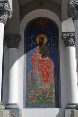 Mosaic icon of Saint Paul on the exterior wall of the Orthodox Church "Saint George - Grivița" (1931) from Bucharest, Romania, Eastern Europe