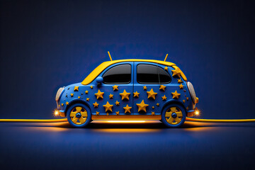 Small compact toy car in studio with blue European Union flag, yellow stars and copy space, generative AI