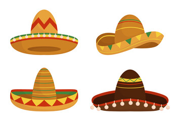 Set of Bright Mexican Sombrero Hats Isolated On White Background, Perfect For Cultural And Folkloric Themes