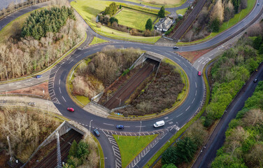 Aerial view of roundabout over railway track at Port Glasgow