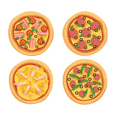 Set Of Crispy Pizza With Golden Crust And Delicious Toppings Isolated On White. Tasty Italian Fastfood Meals