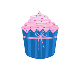 Cupcake with pink cream, a cupcake with colored sprinkles, a confectionery product in a package with a ribbon, a colored drawing, on a transparent background