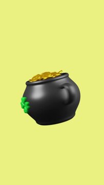Rotating pot with gold coins, St. Patrick's Day 3d animation in cartoon style.