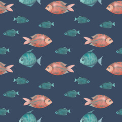 Hand-drawn watercolor fish seamless pattern. A set of decorative blue fish and one red fish on a blue background