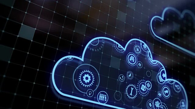 Concept of cloud technologies and server data processing. Abstract service icons send information to bigdata and data centers. Icons and badges in virtual space fill hi-tech background
