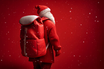 Christmas card. Santa Claus stands on a red background with a big sack on his back. Christmas theme with copy space, snow is falling. Generative AI