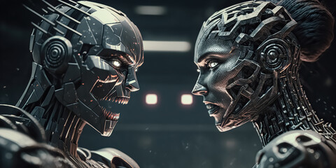 High-Tech Futuristic Robots Preparing for Battle. digital ai art	