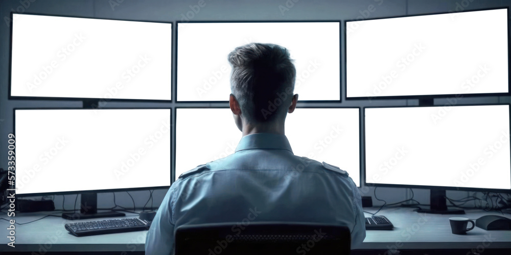Poster a security personnel sits with his back to us at a control center looking at multiple video feeds. g