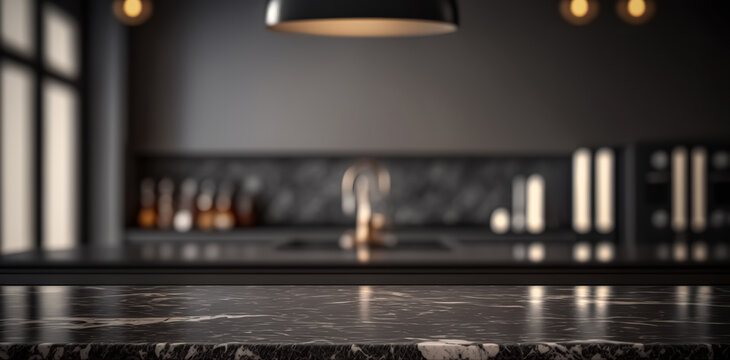 Modern empty dark marble table top or kitchen island on blurry bokeh kitchen room interior background. for montage product display. digital ai art	