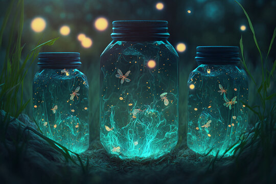 luminous fireflies in jars in the night, generative ai