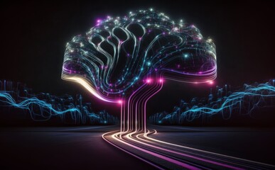 Rendering of abstract highway path forming into the shape of human brain. Concept of big data, machine learning, artificial intelligence, virtual reality, high speed network. Generative AI