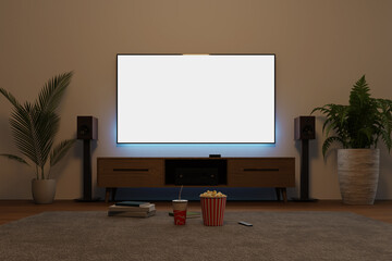 tv screen mockup in living room, 3d rendering