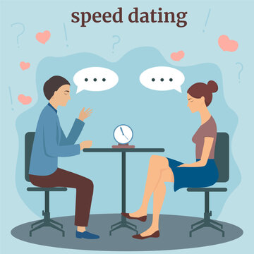 speed dating. A young couple at a table in a cafe, getting to know each other in a cozy atmosphere. Vector illustration