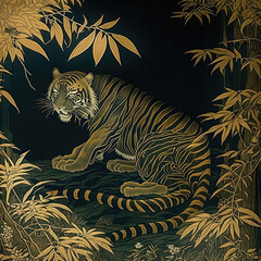 Japanese painting depicting Japanese yokai, gold leaf backgrounds, jungle, vengeful tiger, mainly depicted with delicate and careful line drawings