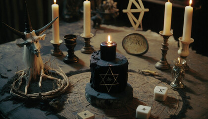 Occult grimoire, black magic book laying on table with occult symbols, candles, pentagrams, fortune telling, ritual, altar, spiritism, secret knowledge, scull. ai generative. - obrazy, fototapety, plakaty