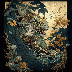 Japanese painting depicting Japanese yokai, gold leaf backgrounds, jungle, vengeful tiger, mainly depicted with delicate and careful line drawings