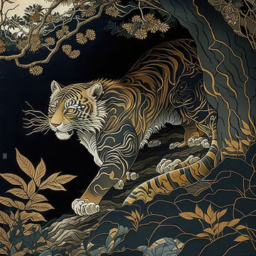 Japanese painting depicting Japanese yokai, gold leaf backgrounds, jungle, vengeful tiger, mainly depicted with delicate and careful line drawings