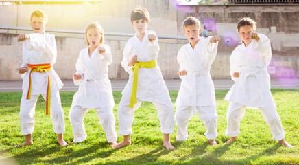 Five positive children wearing kimono practicing karate in a summer park on sunny day