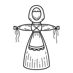 Shrovetide scarecrow. Maslenitsa. Butter Week. Straw effigy of a woman for burning. Isolated vector illustration in doodle line style.