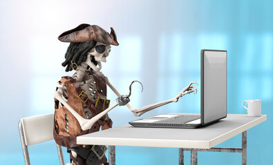 funny skeleton computer pirate downloads files on the internet as a symbol of internet piracy 3d...