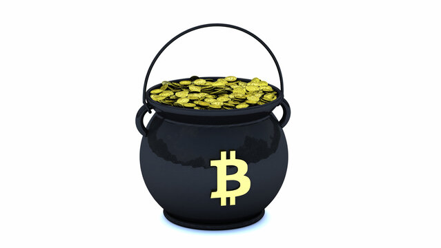 Pot of gold bitcoin for St. Patrick's Day, 3d illustration