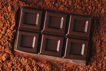 Dark and milk chocolate with nuts on a dark background sprinkled with cocoa powder.