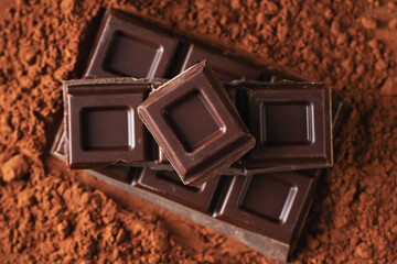 Dark and milk chocolate with nuts on a dark background sprinkled with cocoa powder.