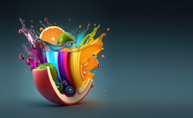 Colorful juice splash. Advertising background with copyspace.. Created with generative AI technologies.