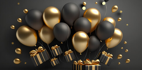 Holiday celebration background with Black Gold balloons, gifts and confetti. Happy holiday greeting card, party invite, banner, invitation or certificates with copy space.