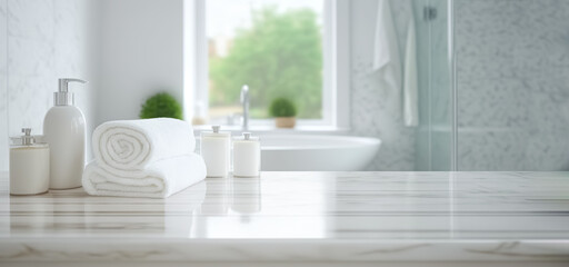 Fototapeta na wymiar White bathroom interior. Empty marble table top for product display with blurred bathroom interior background. 