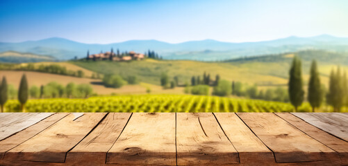 Empty wood table top with  on blurred vineyard landscape background, for display or montage your products. Agriculture winery and wine tasting concept. digital ai art	