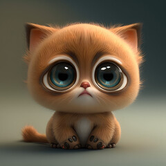 Fototapeta premium Cute wild color cartoon fluffy kitten character. A little baby cat with big eyes. A Kitty kid isolated on flat background, 3d render illustration. Generative AI art.