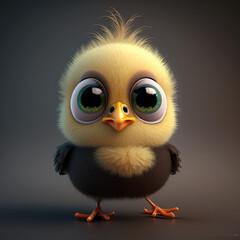 Fototapeta premium Cute yellow and black color bird cartoon character. Realistic chicken kid with big eyes, A 3d render illustration. Pretty bird isolated on flat background. Generative AI art.