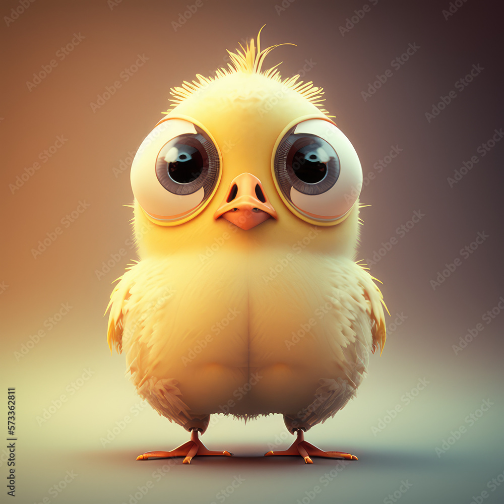 Sticker cute chicken bird cartoon character. realistic chicken kid with big eyes, 3d render illustration. a 