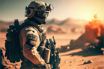 Tactical Soldier with weapon in desert. Soldier in squad desert camouflage with gun in desert. High quality ai generated illustration.