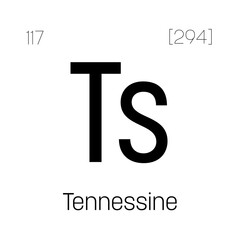 Tennessine, Ts, periodic table element with name, symbol, atomic number and weight. Synthetic element with no known commercial or industrial uses, but has been used in scientific research.