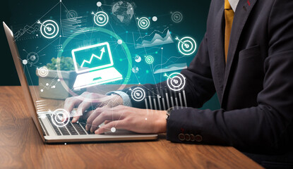 Business hand working on laptop, successful business concept