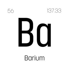 Barium, Ba, periodic table element with name, symbol, atomic number and weight. Alkaline earth metal with limited industrial uses, but commonly used in medical imaging and as a component of drilling