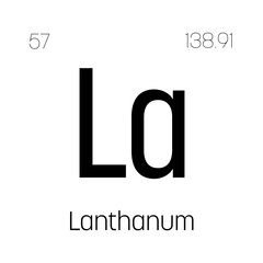 Lanthanum, La, periodic table element with name, symbol, atomic number and weight. Rare earth metal with various industrial uses, such as in lighting, batteries, and as a component in certain alloys.