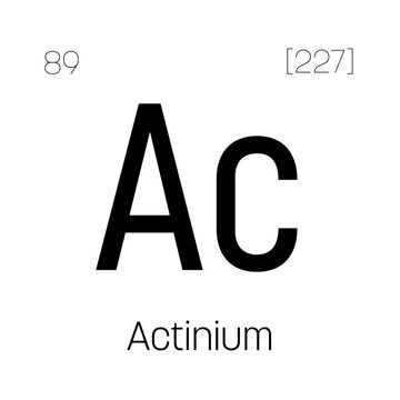 Actinium, Ac, periodic table element with name, symbol, atomic number and weight. Radioactive element with potential uses in cancer treatment and as a neutron source for scientific research.