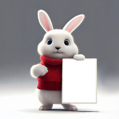 Fabulous rabbit with blank sign.  Cute white Easter bunny in a red sweater holding up a blank sign.  Year of the rabbit 2023.  Image created with generative ai.