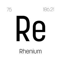 Rhenium, Re, periodic table element with name, symbol, atomic number and weight. Transition metal with various industrial uses, such as in superalloys, electrical contacts, and as a catalyst in